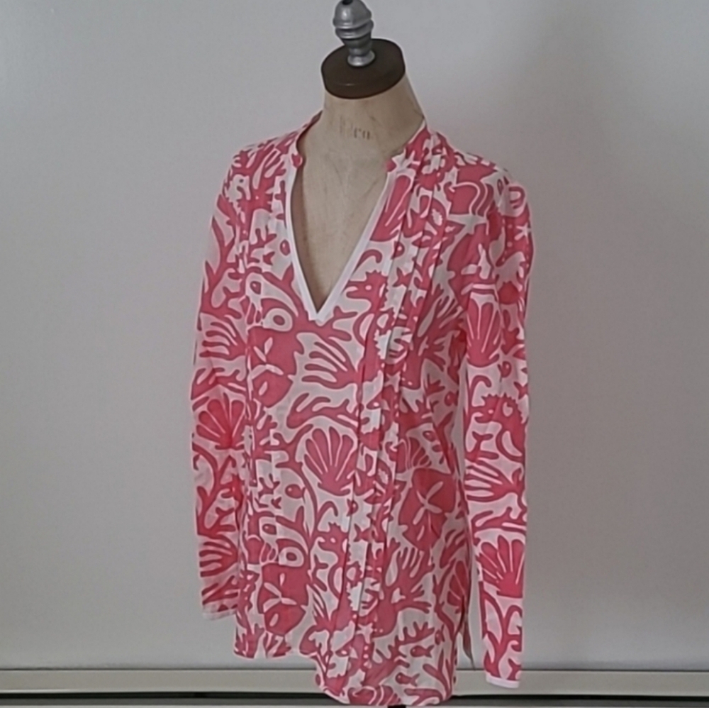 Vineyard Vines S Pink White Tropical Beach Cotton Lightweight Sheer Top Tunic